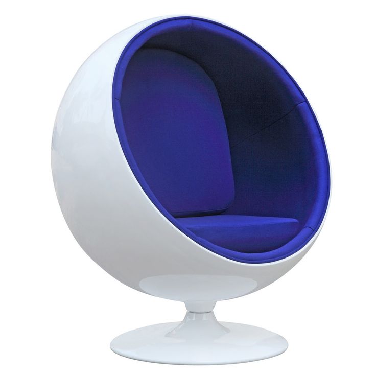 a white and blue ball chair sitting on top of a table