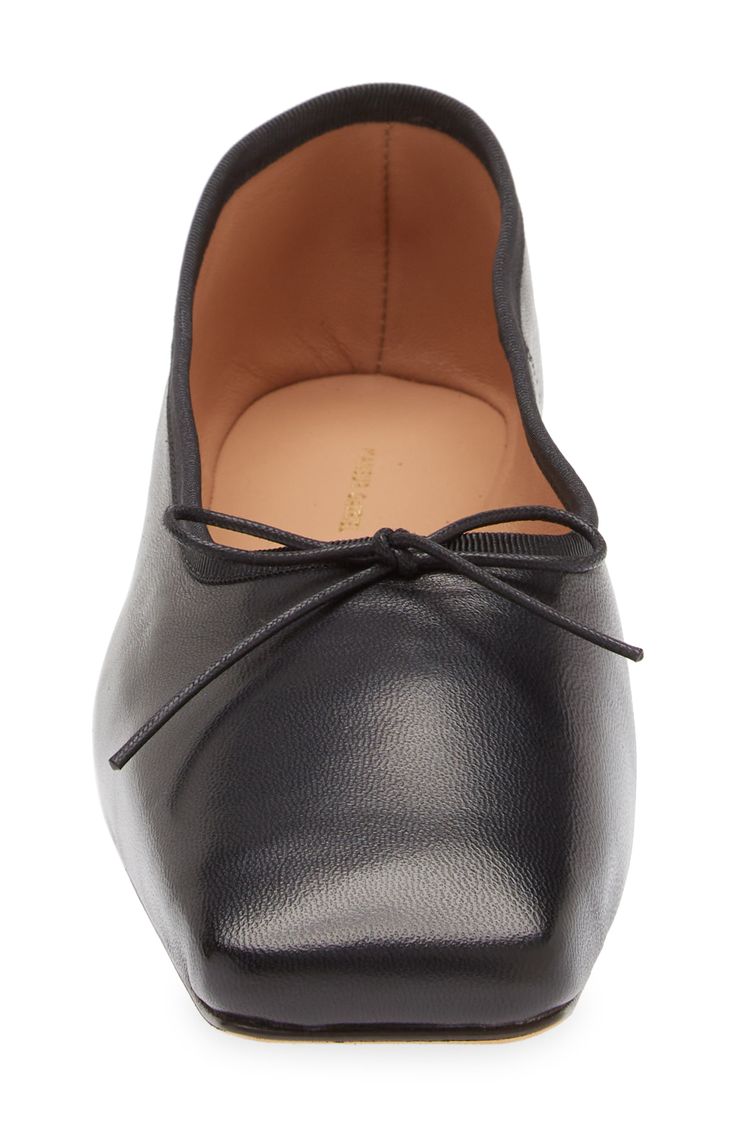 This ballet flat detailed with a dainty bow has a distinctive square toe for a look that's at once modern and timeless. Leather or synthetic or genuine calf hair (Turkey) upper/leather lining and sole Made in Portugal Classic Evening Ballet Flats With Flat Heel, Calf Leather Ballet Flats With Bow And Round Toe, Calf Leather Ballet Flats With Bow, Formal Ballet Flats With Removable Insole, Chic Calf Leather Flats With Bow, Calf Leather Ballet Flats With Bow And Flat Heel, Elegant Calf Leather Ballet Flats, Fitted Leather Ballet Flats With Bow, Elegant Black Ballet Flats With Square Toe