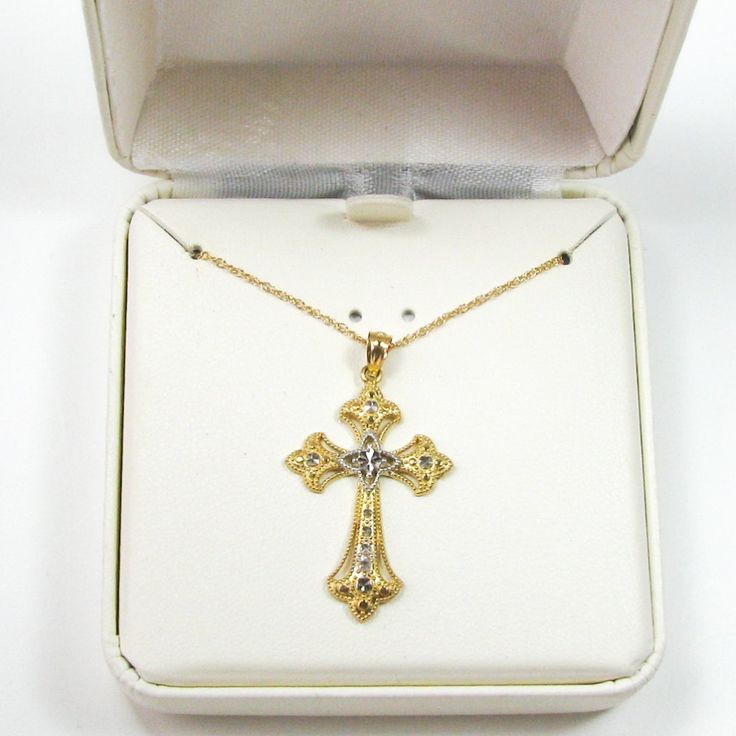 Yellow And White Gold Cross. White Parts Are Diamond Cut To Sparkle Bail Is Marked 14k Cross Measures 1.25" Long X .75" Wide 18" Long Chain Tag Says Made In Usa Diamond Accented Cross Pendant For Anniversary, Diamond Accented Cross Pendant Jewelry For Anniversary, Anniversary Jewelry With Diamond Accents On Cross Pendant, Fine Jewelry Cross Necklace With Diamond Cut, Fine Jewelry Cross With Diamond Cut, Diamond Cut White Gold Cross Pendant Jewelry, White Gold Cross Pendant With Diamond Cut, Fine Jewelry Diamond Cut Cross, Hallmarked Yellow Gold Cross Jewelry