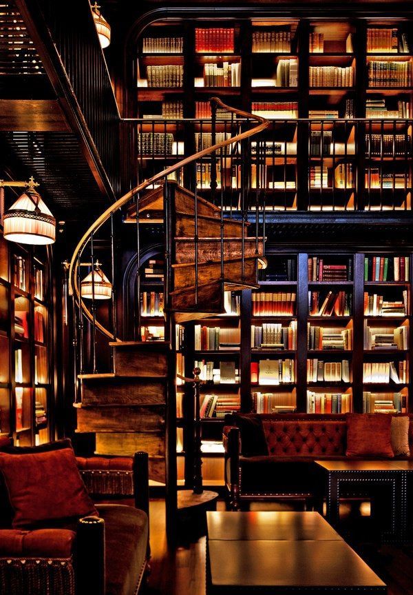 a library filled with lots of books next to a spiral stair case full of books