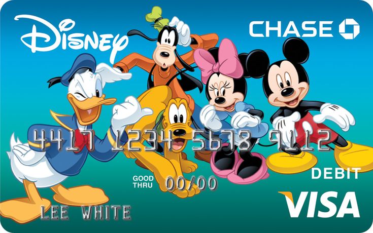 the disney visa card is shown with mickey mouse and other cartoon characters in front of it