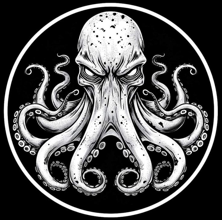 an octopus in a circle with tentacles on it's face and the eyes open