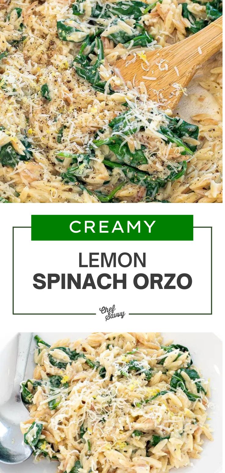 creamy lemon spinach orzo in a skillet with a wooden spoon on the side