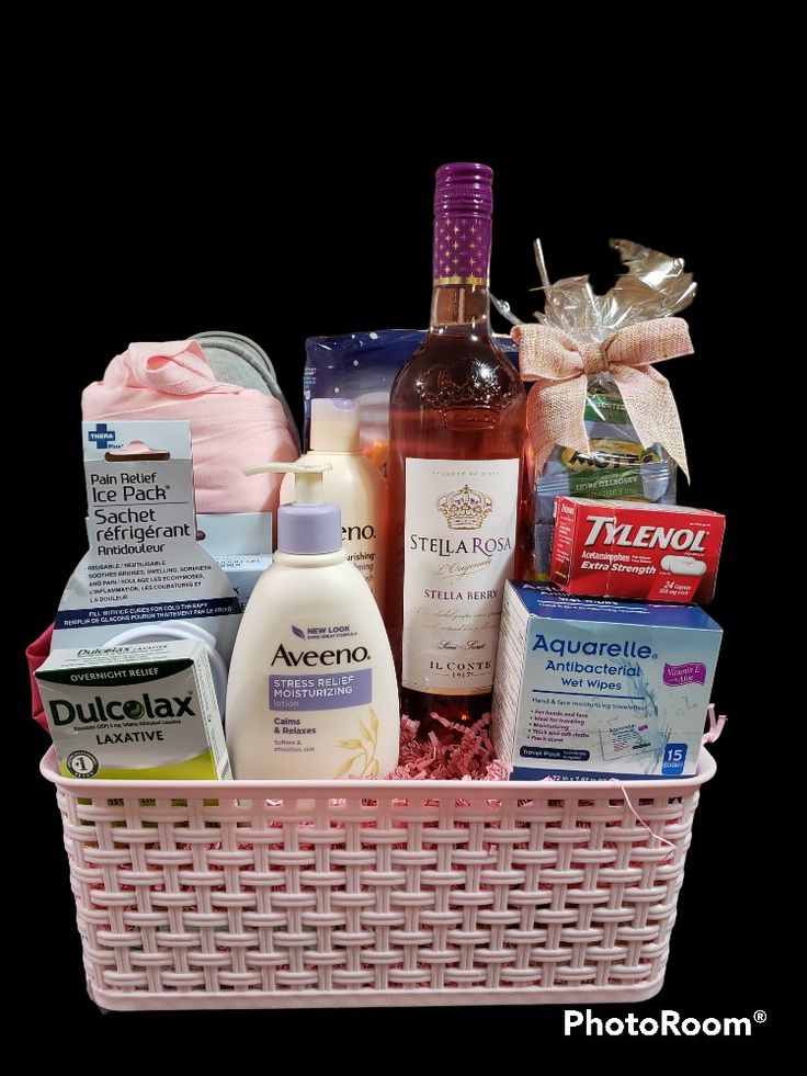 a white basket filled with lots of different types of skin care products and personal care items