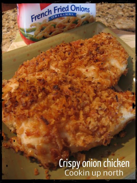 crispy onion chicken on a green plate next to a container of french fried onions