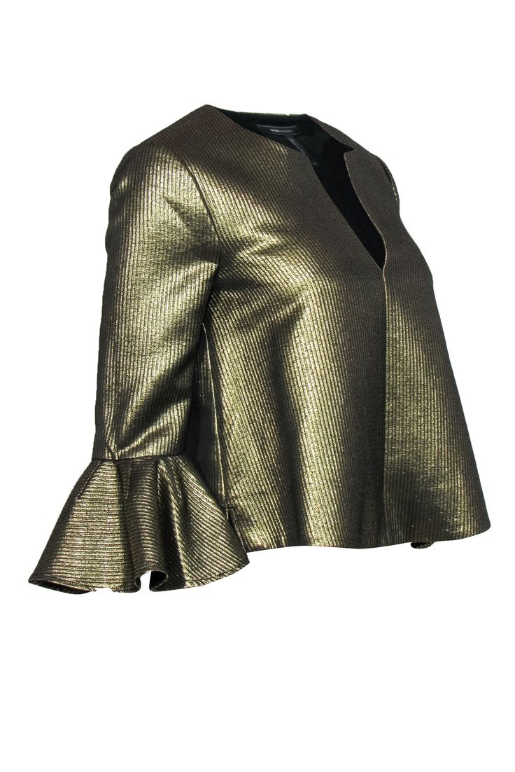 Go for gold with this dazzling blouse from BCBG Max Azria! Made with a super shiny metallic design and posh bell sleeves, this textured beauty is perfect for bringing a little razzle dazzle to your next holiday soiree. Pair with a flared skirt and sparkly tights and you'll be sipping eggnog and mingling under the mistletoe in no time! Size XS Shell: 47% Polyester, 38% Cotton, 15% Metallic Lining: 100% Polyester Notch neckline Cropped bell sleeves Textured design Bust 37" Waist 40" Sleeve length Gold V-neck Blouse For Work, Elegant Gold Blouse For Work, Elegant Gold Blouse For Workwear, Glamorous Festive Blouse For Fall, Chic Sheen Tops For Fall, Elegant Long Sleeve Tops With Sheen, Gold Tops For Night Out In Spring, Chic Shiny Tops For Party Season, Chic Gold Stretch Top