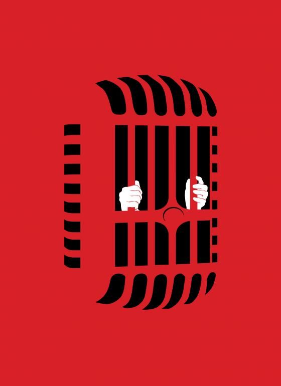 a red background with black bars and two hands in the jail cell, on top of each other