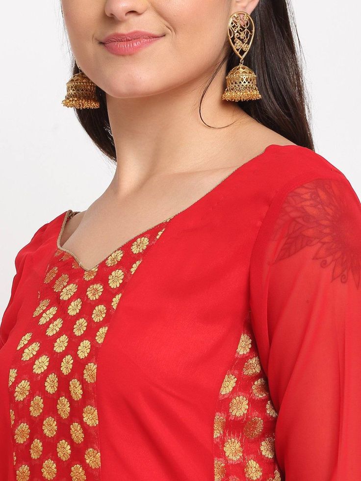 Red Banarsi Suit Set with Dupatta - www.riafashions.com Red Banarsi Suit, Banarsi Suit, Gotta Patti, Palazzo Suit, Embroidered Dupatta, Suit Set, Anarkali, V Neck, Red