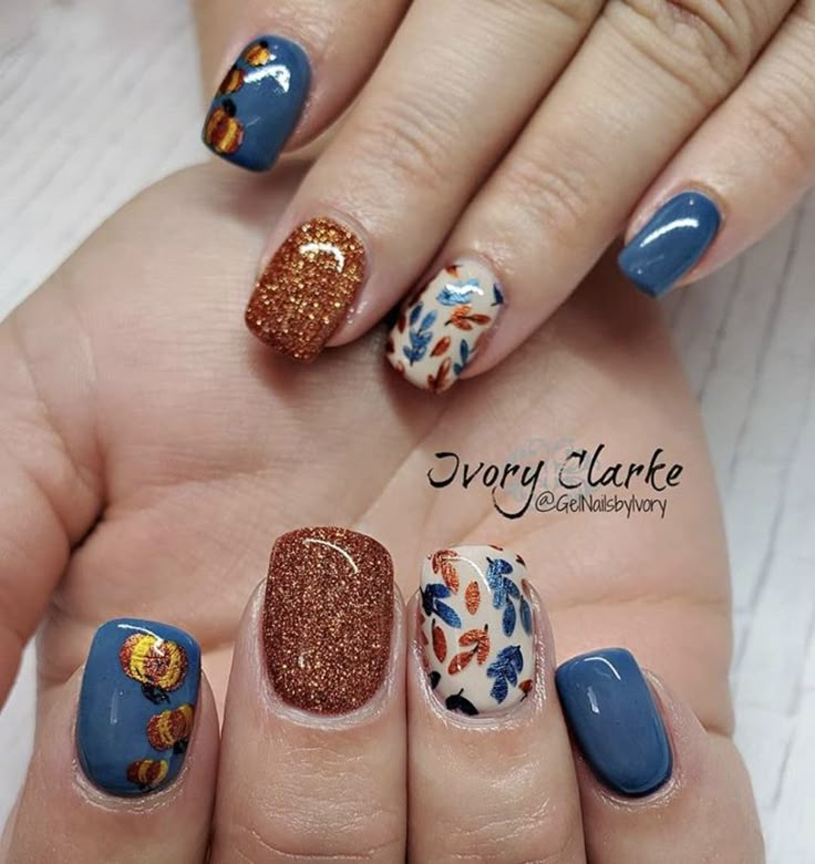 Pretty fall nail art and design.❤ Teal And Orange Fall Nails, Teal Autumn Nails, Teal And Copper Nails, Blue Pumpkin Nails, Nail Designs Fall Autumn, Nail Fall Designs, Orange And Teal Nails, Teal And Orange Nails, Fall Nail Art Designs Autumn