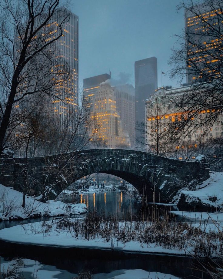 a bridge that is over some water with snow on the ground and buildings in the background