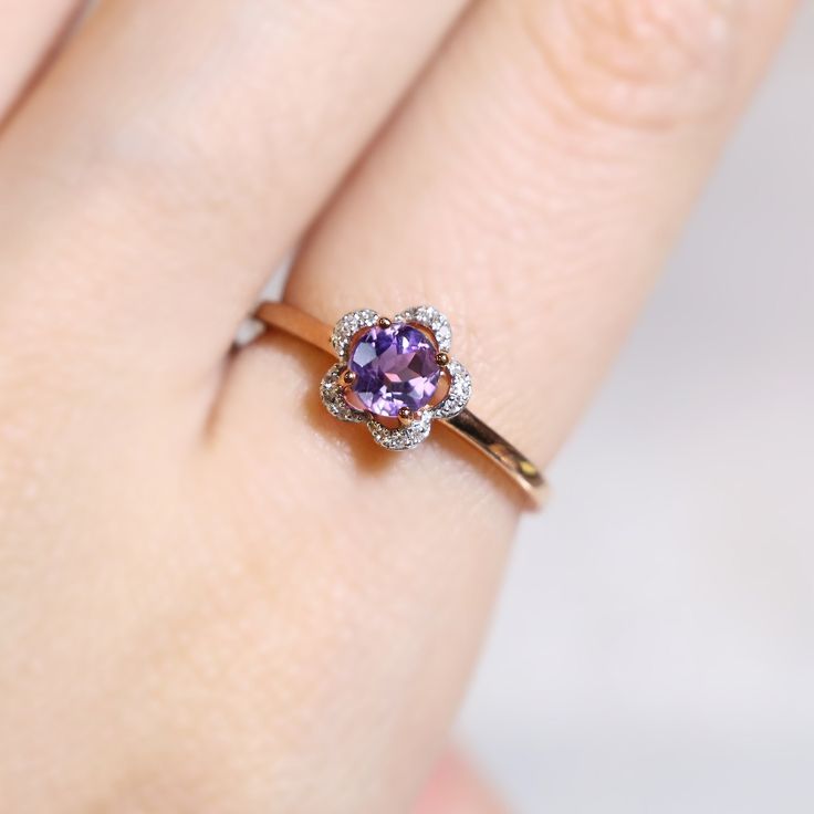 Natural Amethyst Flower Promise Ring Bridesmaid Ring, Perfect 5mm Purple Stone Ring for her, she will like it. | MAKE TO ORDER | * Metal: 925 Sterling Silver Custom Color: Gold Vermeil in 18K Rose Gold/ 18K Yellow Gold, Sterling Silver Main Stone: Amethyst, 5mm Round Shape, 1pc Side Stone: Cubic Zirconia, 15 pcs * Metal: 14K gold Custom Colors: Rose Gold, Yellow Gold, White Gold Main Stone: Amethyst, 5mm Round Shape, 1pc Side Stone: Diamonds, 15 pcs, 0.04 ct. Flower Measurements: around 7.80*8.1 Purple Gemstone Diamond Ring In 14k Gold, Purple Birthstone Ring With Center Stone In 14k Gold, Purple Sapphire Birthstone Ring With Diamonds, Purple Sapphire Ring With Diamond Birthstone, Purple Birthstone Ring With Gemstone Accents, Fine Jewelry Purple Topaz Ring With Prong Setting, Purple Topaz Ring In Prong Setting, Purple Gemstone Accented 14k Gold Rings, Purple Sapphire Ring With Diamond