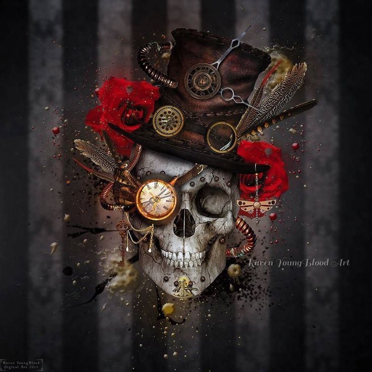 a skull wearing a top hat with feathers and roses on it's head, surrounded by other items