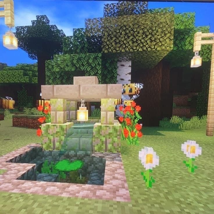 Minecraft Fountain Ideas Small Cute, Cute Bench Minecraft, Minecraft Small Cat House, Cute Minecraft Water Fountain, Cute Minecraft Fountain Ideas, Mini Fountain Minecraft, Minecraft Picknick Table, Cute Minecraft Fountain, Backyard Minecraft Ideas