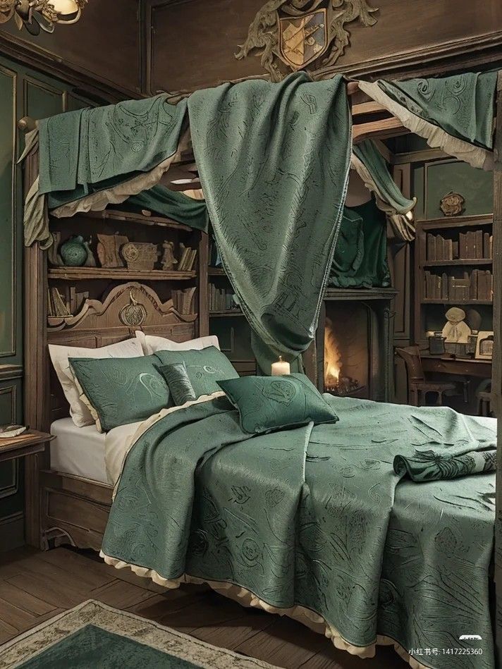 the canopy bed is made up with green sheets and drapes on it's sides