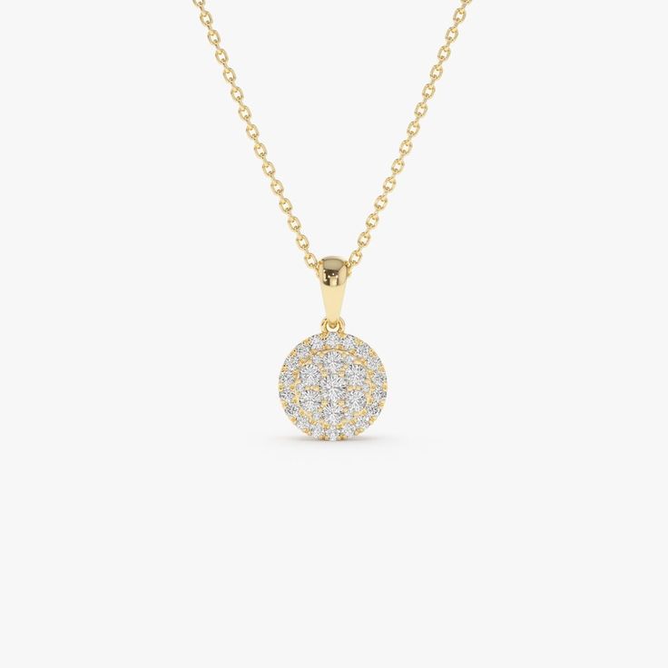 "Diamond Pendant / 14k Diamond Necklace / 14k Solid Gold Natural Diamond Round Illusion Cluster Necklace by Ferko's Fine Jewelry * Made to Order * Gold Kt: 14K (also available in 18K) * Available Gold Color: Rose Gold, Yellow Gold, White Gold * Length & Width of Round Disc: 9 x 9  * Round Diamond: 6 Pcs 1.0MM * Round Diamond: 18 Pcs 1.2MM * Round Diamond: 1 Pcs 2.3MM * Diamond Carat Weight: 0.42 ctw * Diamond Color-Clarity: G Color SI Clarity * Ships in 1-2 Business Days If you have any additional questions about this ring, just hit the \"Message Ferko\" button and we will get back to you within a few hours. ▶ See more of our Diamond Necklace - http://etsy.me/2mqa6O1 ▶ See our storefront here - http://etsy.me/2lUcVnH  ▶ All store sections here * Diamond Rings - http://etsy.me/2lwKUl8 * Dia Fine Jewelry Yellow Gold Diamond Necklace With Pavé Setting, Fine Jewelry Yellow Gold Diamond Necklace With Pave Setting, Yellow Gold Diamond Necklace With Pave Setting, 14k Gold Jewelry With Pave Setting, 14k Gold Halo Jewelry In Diamond White, Timeless Gold Necklace With Pave Setting, 14k Gold Jewelry With Diamond White Halo, Yellow Gold Sterling Silver Necklace With Pave Setting, Gold Necklaces With Pave Setting In Sterling Silver