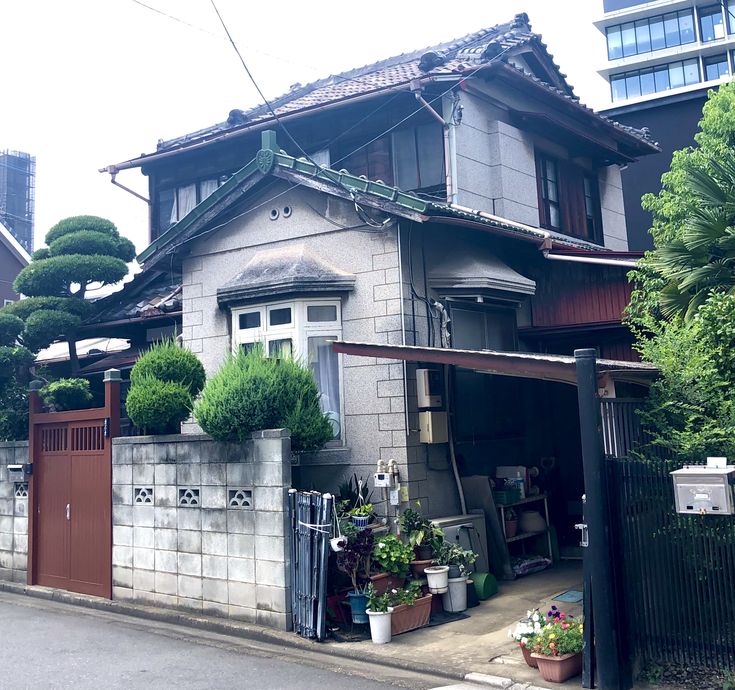 a house with potted plants in front of it on the side of the road