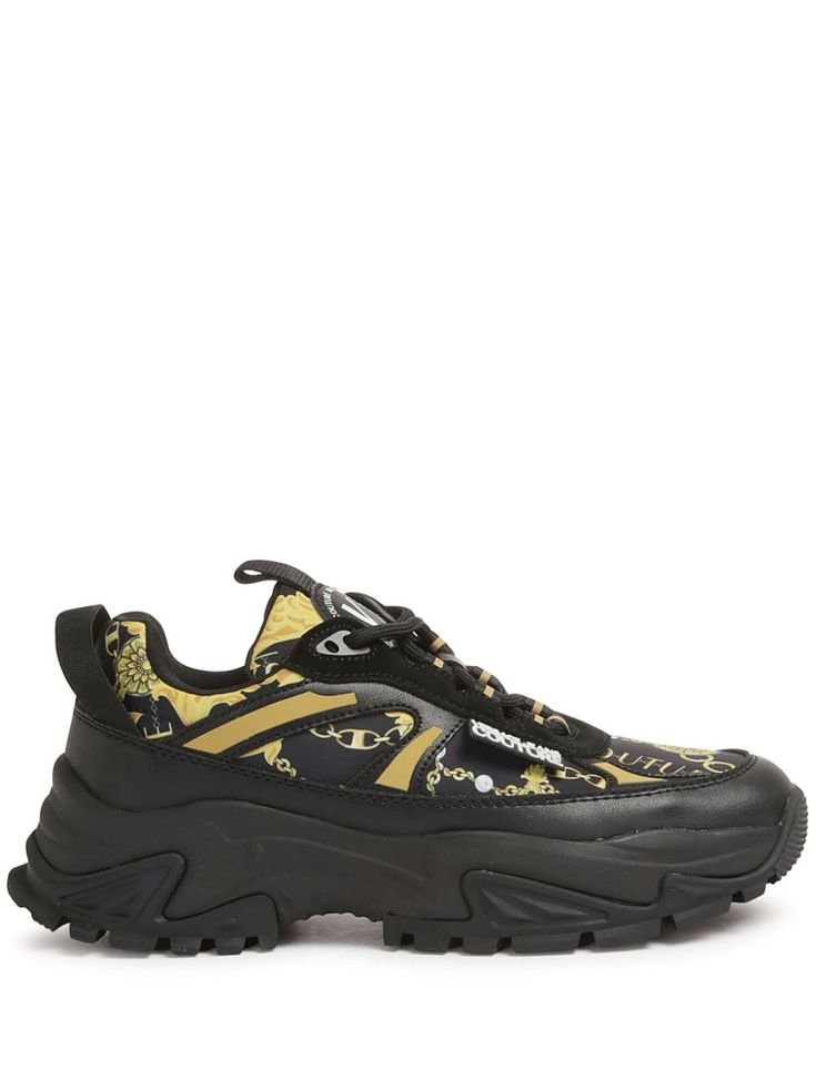 black/gold-tone front lace-up fastening pull-tab at the heel baroque-pattern print pull-tab at the tongue logo patch at the tongue round toe chunky rubber sole Versace Sneakers, Baroque Pattern, Versace Couture, Luxury Sneakers, Versace Jeans Couture, Versace Jeans, Black Sneaker, Sneakers Black, Patch Logo