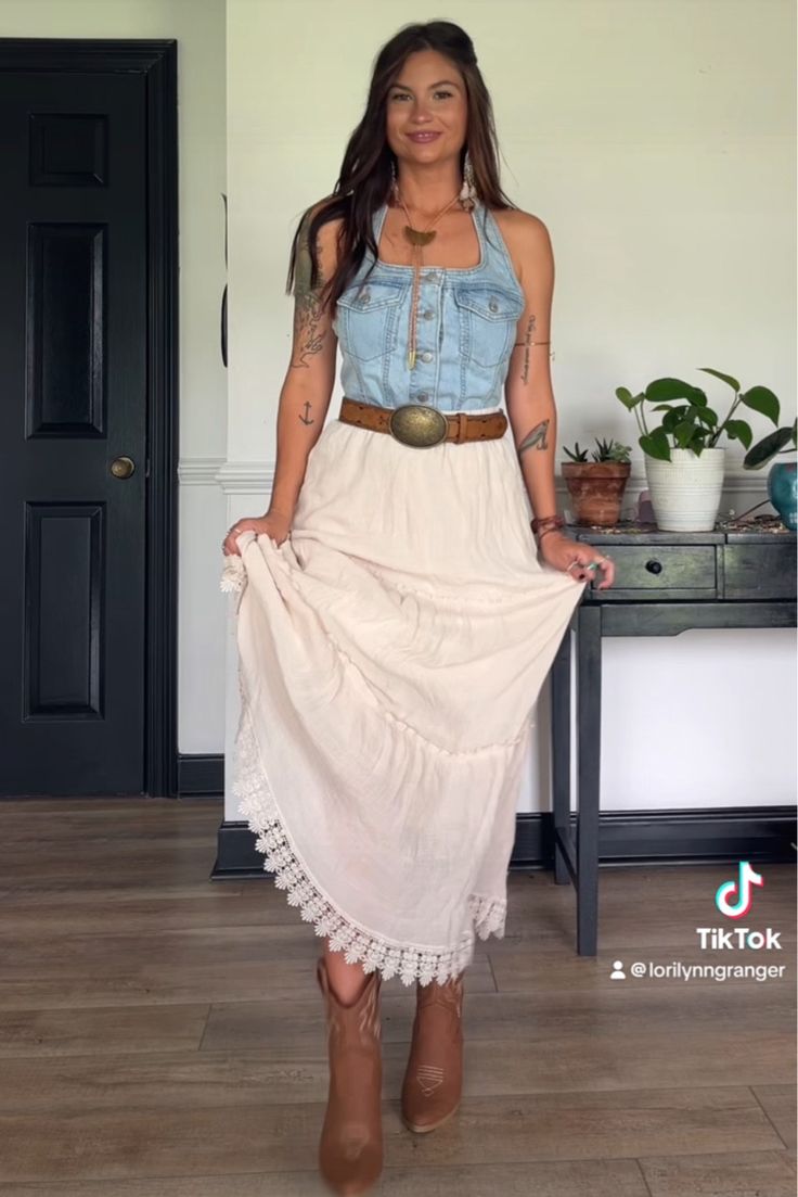 Women's Cropped Sleeveless Denim … curated on LTK Western Skirt Outfits Summer, Western Modest Outfits Women, Denim Skirt Outfit Country, Boho Western Skirt Outfits, Denim Skirt Country Outfit, Western Denim Skirt Outfit, Denim Skirt Western Outfit, Modest Western Outfits, Western Skirt Outfits