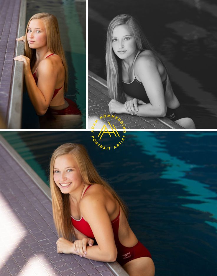 a woman in a red swimsuit leaning against a wall next to a swimming pool