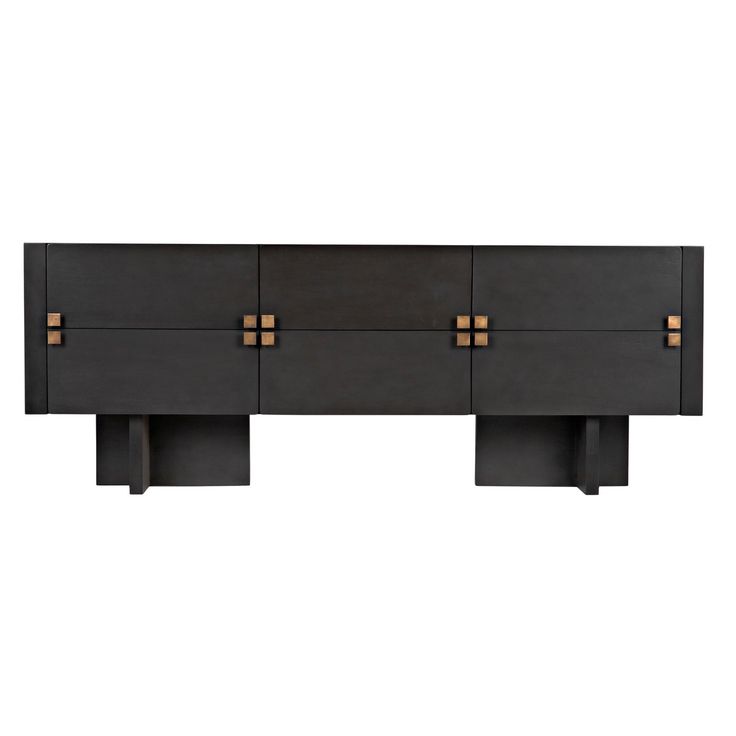 a black cabinet with two brass handles on the top and bottom, against a white background