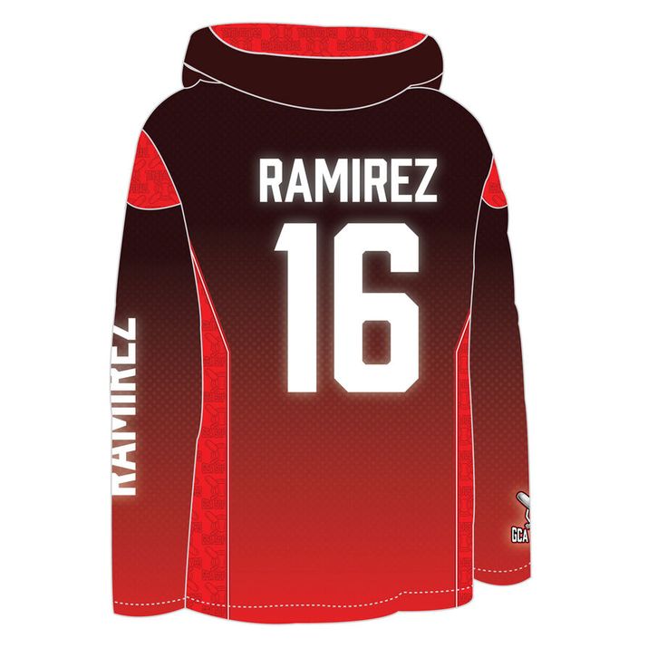 a red and black hoodie with the number 16 on it's chest, in front of a white background