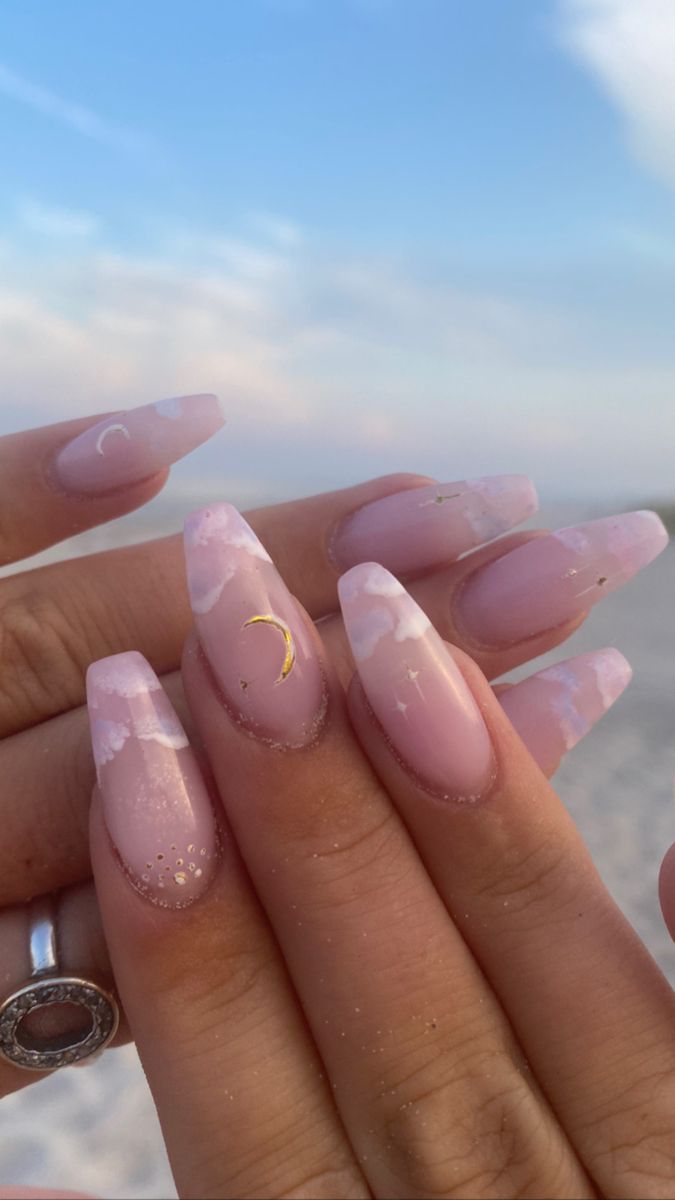 a beautiful summer evening with moon and star and Clouds Products: CND Insta: HopeNailsDk Moon And Star Nail Art, Nails With Moon Design, Moon Nails Design, Moon And Stars Nails, Moon And Star Nails, Clouds Nails, Cloud Nails, Baby Shower Nails, Star Nail Designs