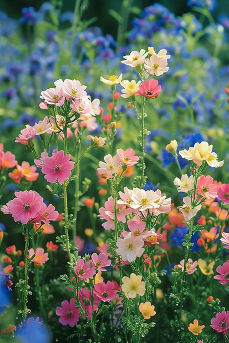 many different colored flowers in a field with blue, yellow and pink flowers behind them