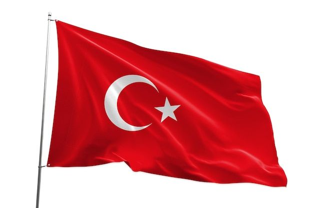 the flag of turkey waving in the wind on a white background with clipping path