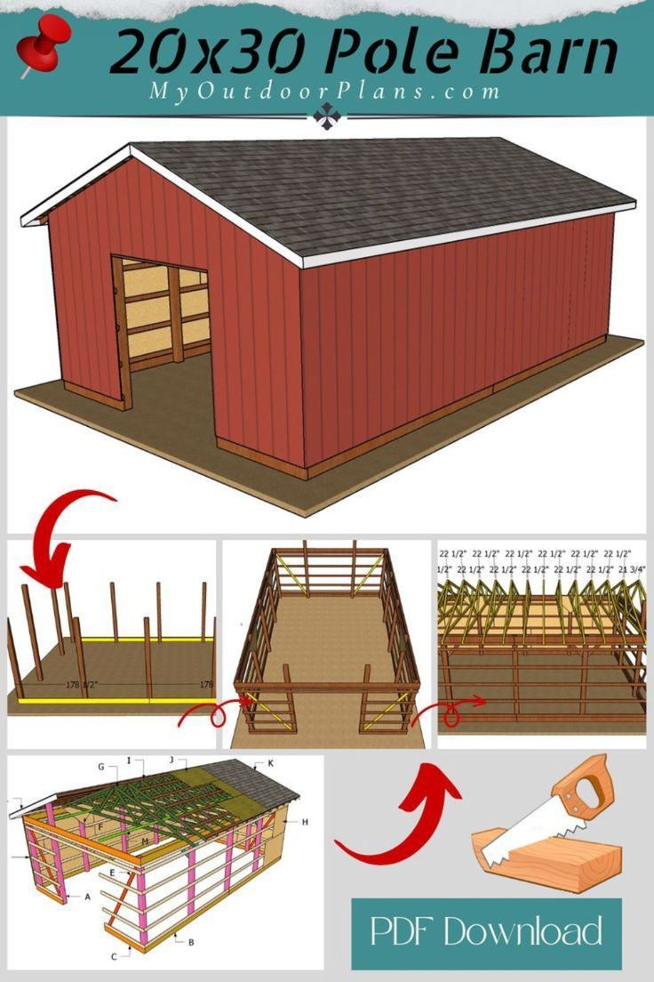 How to Build a 20x30 Pole Barn 20x30 Shop Plans, Pole Shed Ideas, Barn Shed Ideas, 30x40 Pole Barn, Small Pole Barn, Pole Barn Shop, Barn Organization, Diy Pole Barn, House Plans Cabin