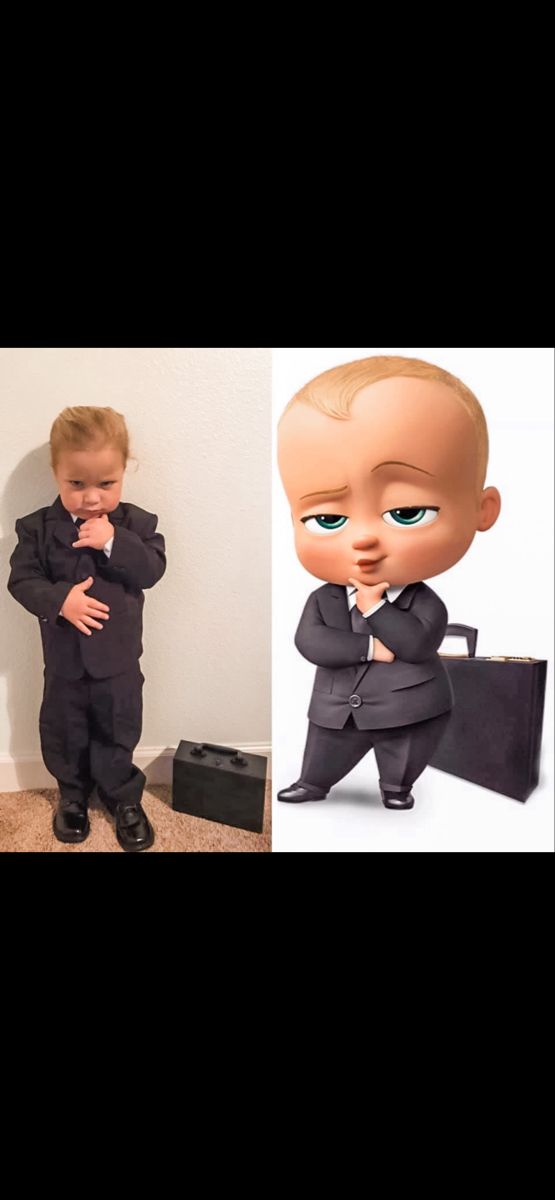 a little boy in a suit and tie next to an image of a baby doll