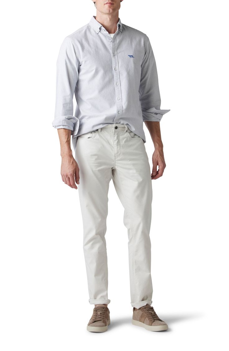 Trim and handsome, these stretch-cotton pants are cut in a straight-leg silhouette for effortless everyday style. 32" inseam; 14" leg opening; 10 1/4" front rise; 16" back rise (size 32) 98% cotton, 2% elastane Machine wash, tumble dry Imported Spring Slim Fit Bottoms With 5-inch Inseam, White Slim Fit Cotton Pants, Spring Chino Cotton Twill Chinos With Five Pockets, Spring Chinos In Chino Cotton Twill With Five Pockets, Fitted Cotton Pants With 5-inch Inseam, Slim Fit Cotton Chinos With 5-inch Inseam, Straight Fit Cotton Bottoms, Everyday Straight Cotton Pants, Straight Cotton Bottoms For Spring