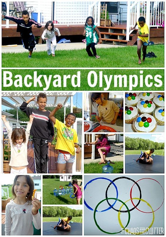 a collage of photos with the words backyard olympics written in different languages and pictures of children playing outside