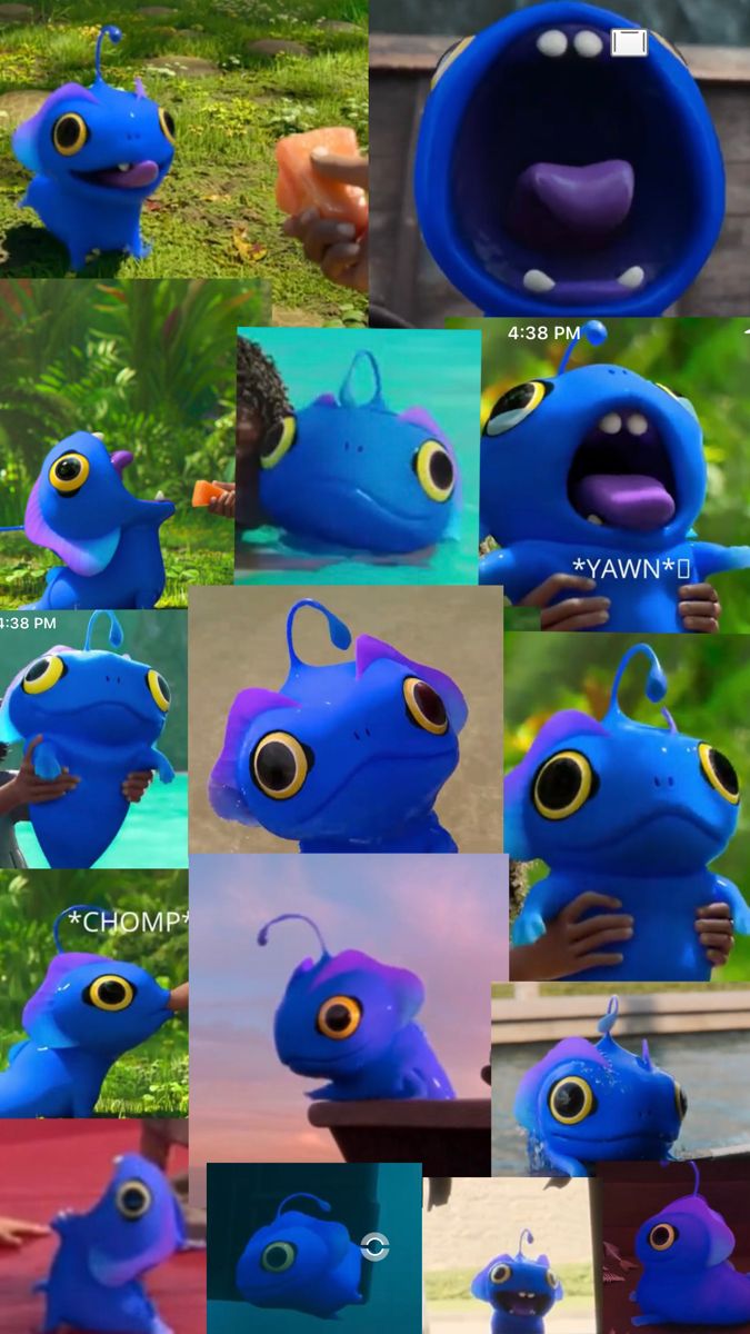 many different pictures of blue monsters with yellow eyes