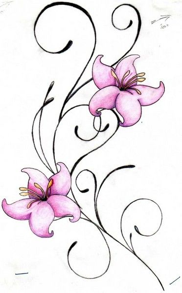 pink flowers with swirls on white background