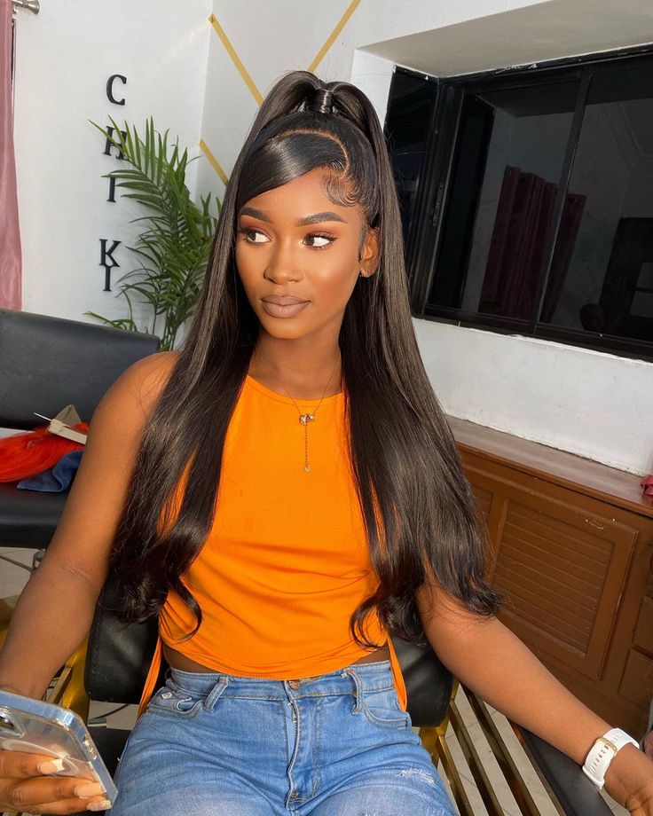 Lace Front Wigs Half Up Half Down, Wig Install Hairstyles Straight Hair, Straight Wig Hairstyle Ideas, Wig Installation Styles, Frontal Installation Styles, Wig Install Ideas, Half Up Half Down Wig Black Women, Straight Frontal Hairstyles, Half Up Half Down Lace Front Wig