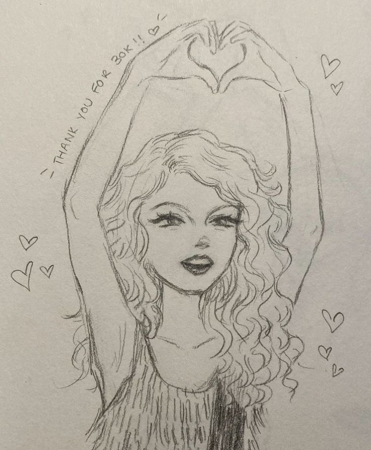 a drawing of a girl with long curly hair and a heart shaped object above her head