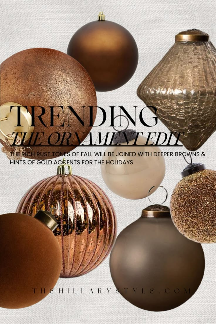 the cover of trending the ornament book shows different ornaments in shades of brown and gold