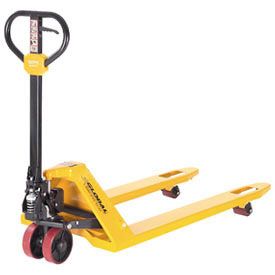 a yellow hand truck with two red wheels on the front and one black wheel on the back