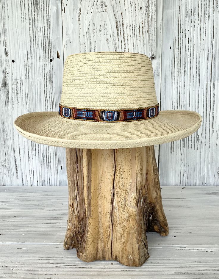 Reata style with adjustable southwest pattern hatband. 3 1/2" brim - pick your size and band style. Country Style Hat With Flat Crown For Outdoor, Country Style Flat Crown Hat For Outdoor, Natural Hat Band With Flat Brim For Country Events, Casual Flat Crown Hat For Country Events, Adjustable Brimmed Western Boater Hat, Adjustable Natural Fedora With Flat Crown, Natural Fedora With Adjustable Flat Crown, Adjustable Western Boater Hat With Brim, Adjustable Natural Color Fedora With Flat Crown