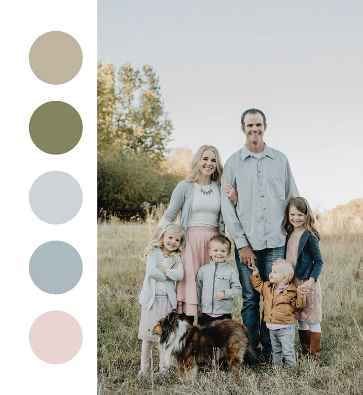 an adult and two children standing next to a dog in a field with color swatches