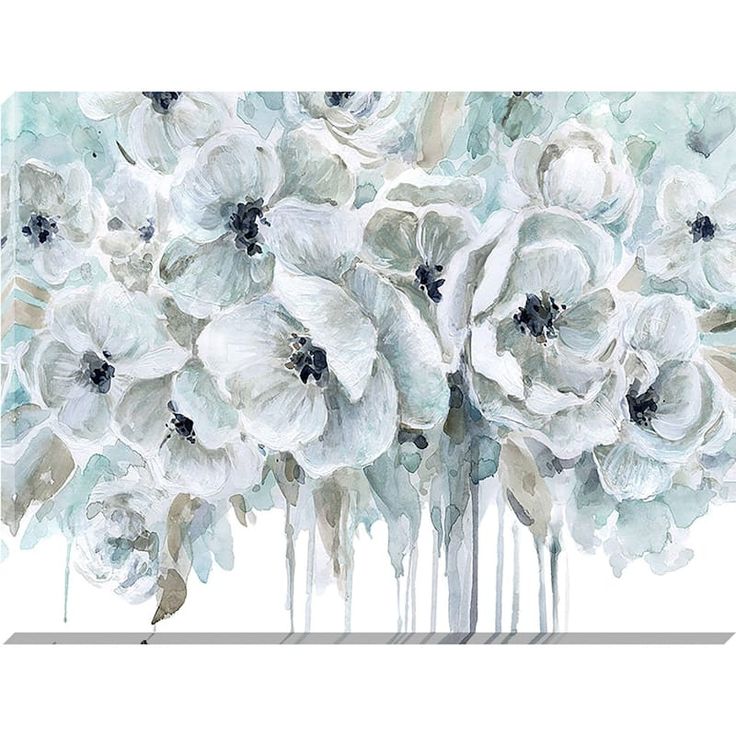 an abstract painting of white flowers with blue and gray colors on the bottom half of it