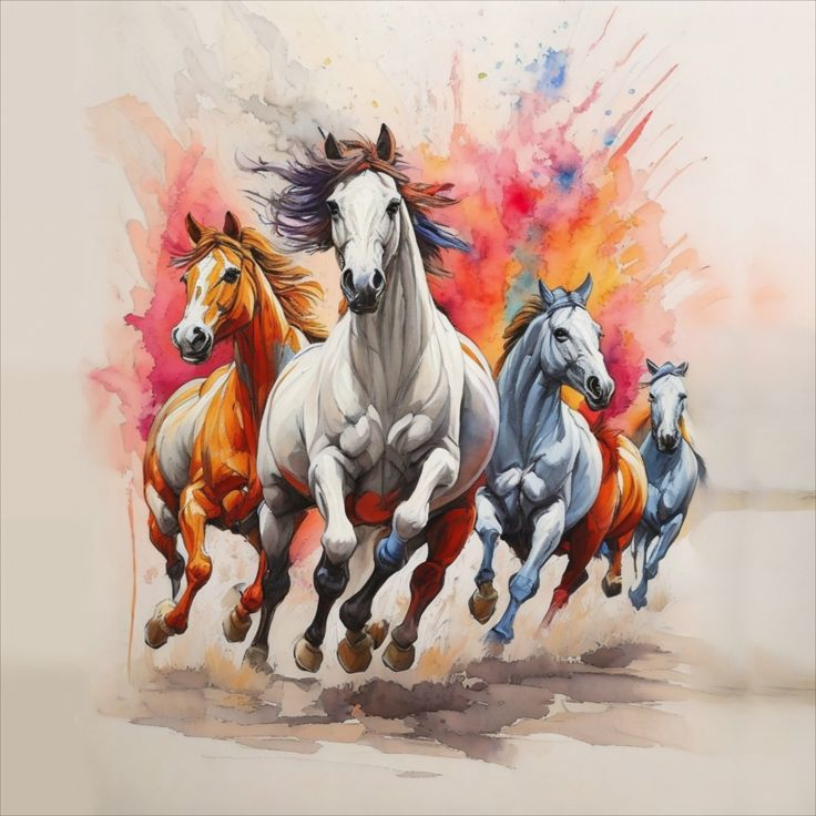 four horses running in the same direction with colored paint splattered on them's walls