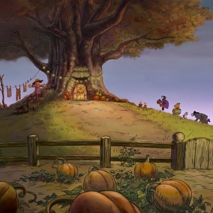 an animated scene with pumpkins in the foreground and a large tree behind it