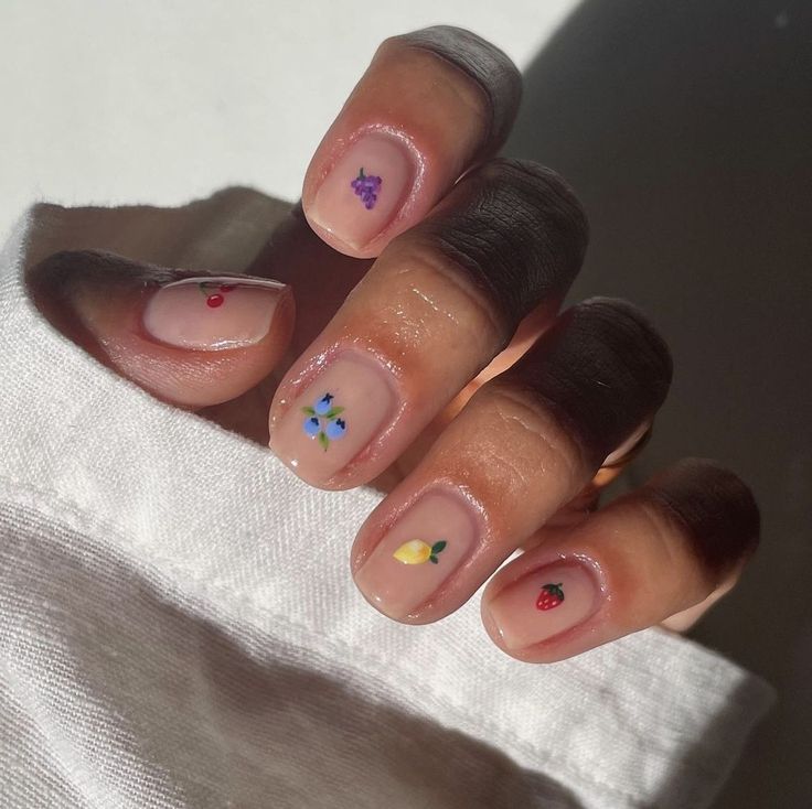 Minimalistic Nail Designs Short Nails, Little Fruit Nails, Tiny Fruit Nails, Minimal Short Nail Design, Micro Nail Art, Fruit Salad Nails, Short Fruit Nails, Short Round Nails Summer, Short Minimalist Nails