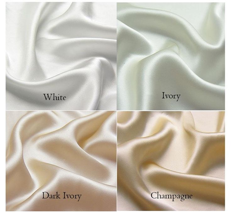 four different shades of white, ivory, and champagne silks with names in each section