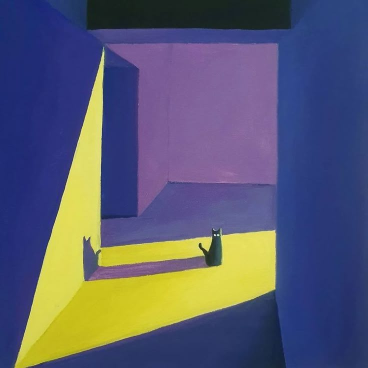 an abstract painting with blue, yellow and purple colors on the wall next to a black cat