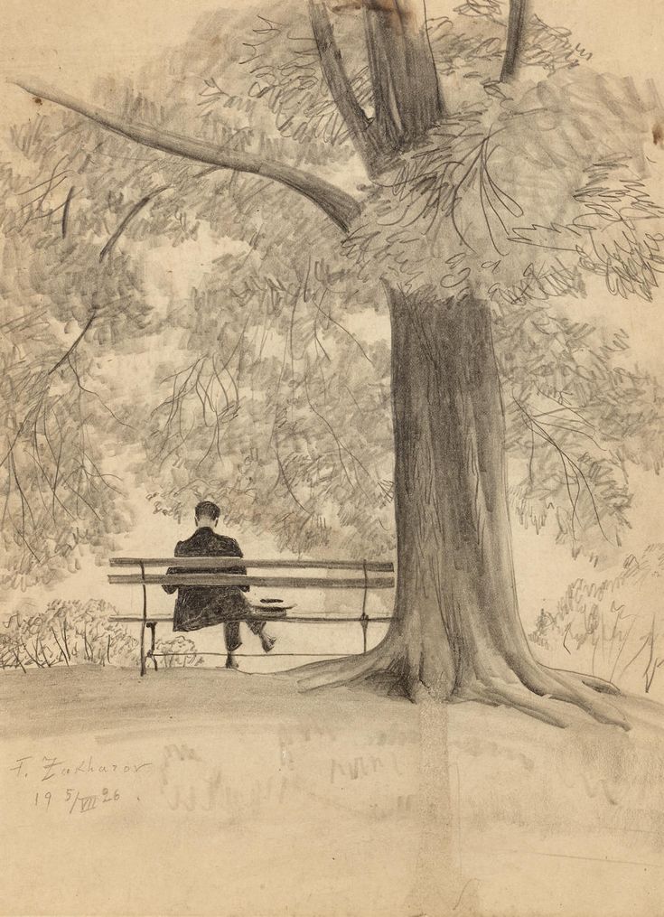 a drawing of a man sitting on a bench under a tree