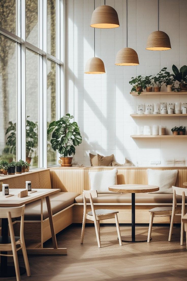 an empty restaurant with wooden tables, chairs and potted plants on the windowsill