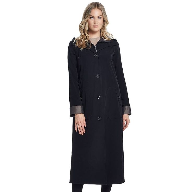 Stay cozy during rainy weather with this women's Gallery hooded long rain coat. Water resistant shell Removable hood Button & zipper closure Long sleeves 3 pockets Button out linerFIT & SIZING Designed to hit at the ankle MidweightFABRIC & CARE Polyester Machine wash Lining: acrylic Imported Size: Large. Color: Black. Gender: female. Age Group: adult. Pattern: Solid. Coat 2020, Stylish Raincoats, Rains Long Jacket, Raincoat Outfit, Black Raincoat, Long Rain Coat, Velvet Dress Long, Raincoat Jacket, Coat Outfit