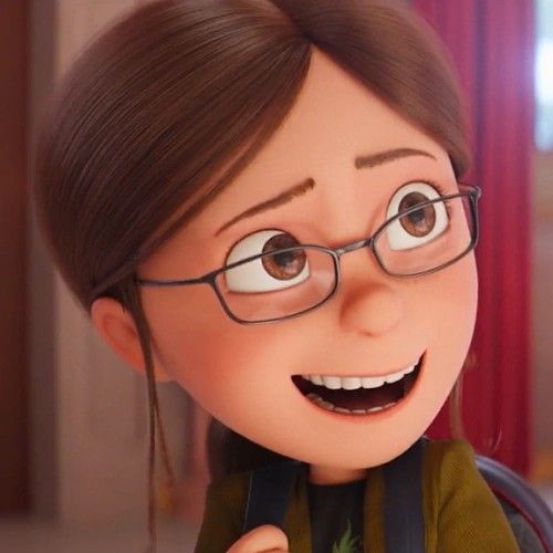 the animated character is wearing glasses and smiling